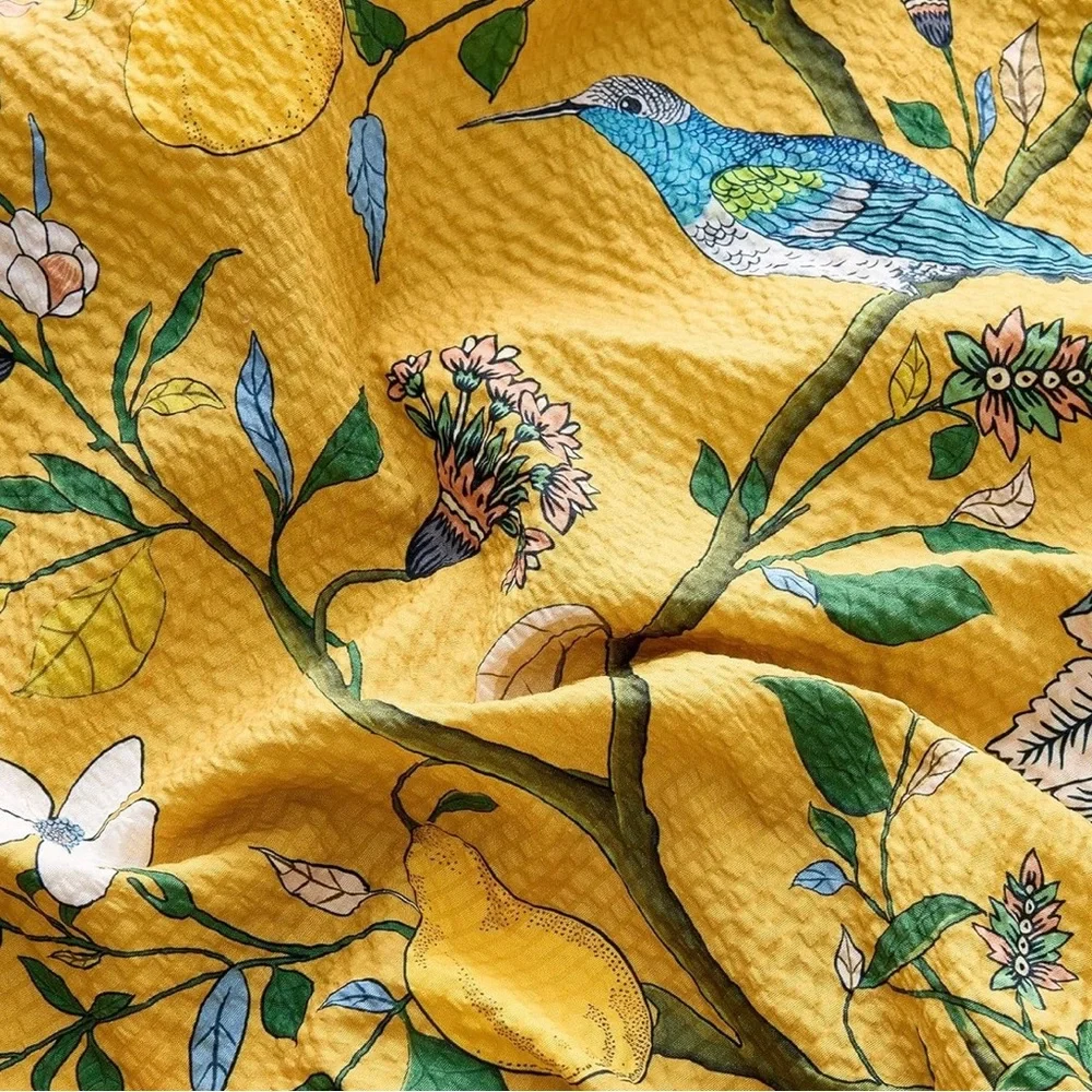 NEW Anthro Yellow Seersucker Floral Queen King Boho Comforter Bedding Sham Set